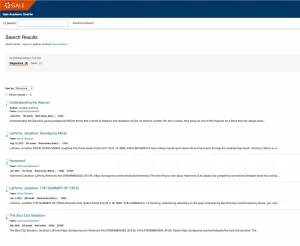 Gale Academic OneFile search results listing five Jonathan LaPoma novels.